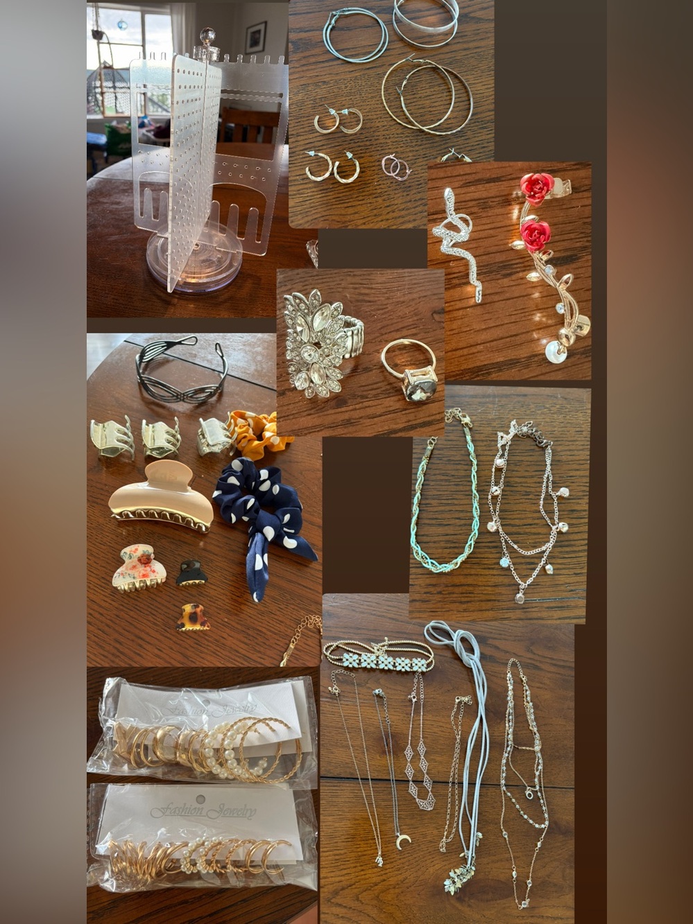 Assorted new and used jewelry, hair accessories and spinning jewelry holder